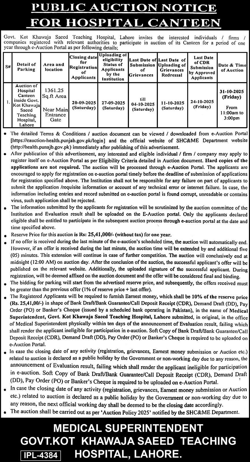 Govt Kot Khawaja Saeed Teaching Hospital Lahore Tender Notice